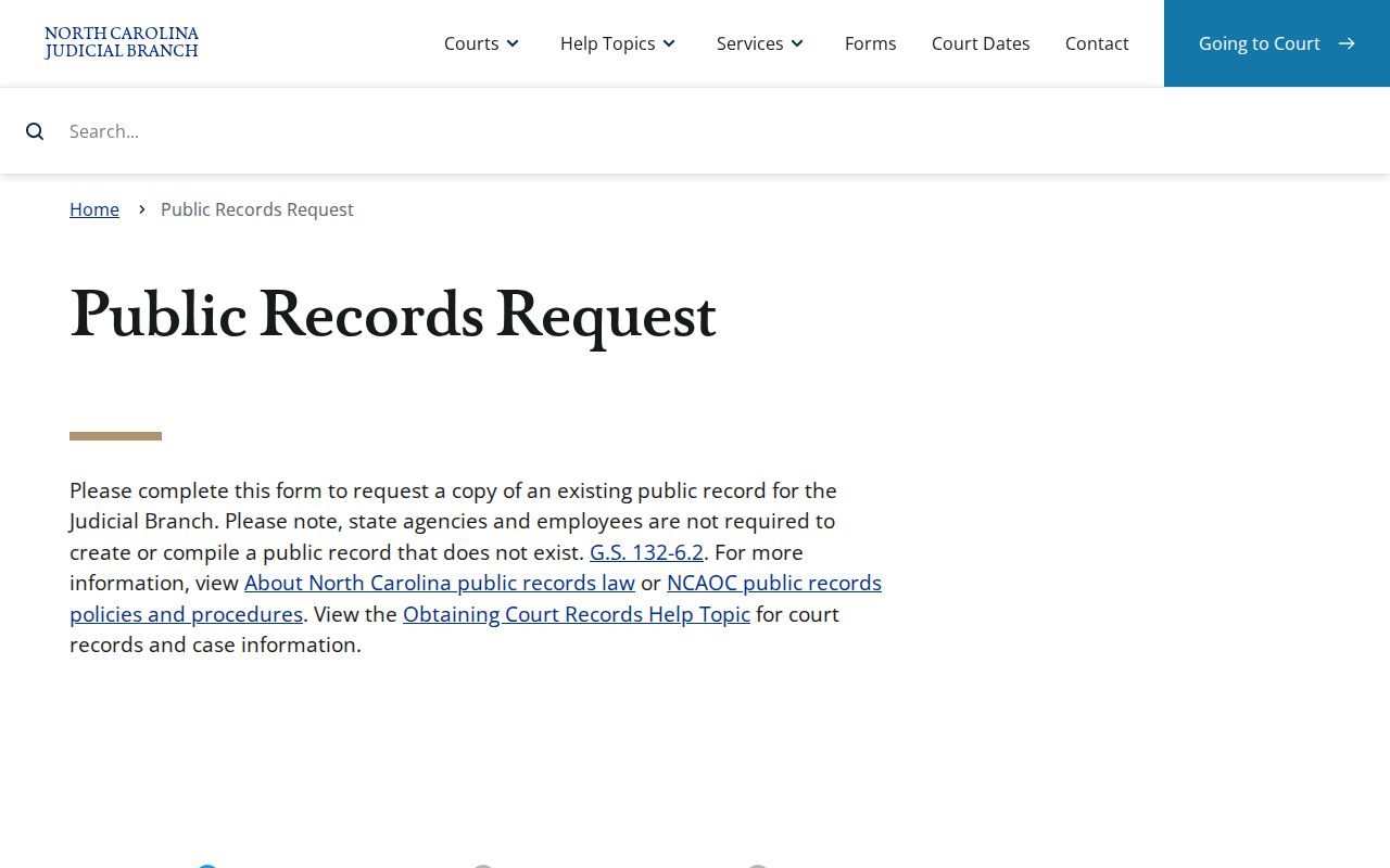 Holly Springs public records request form from the North Carolina Judicial Branch